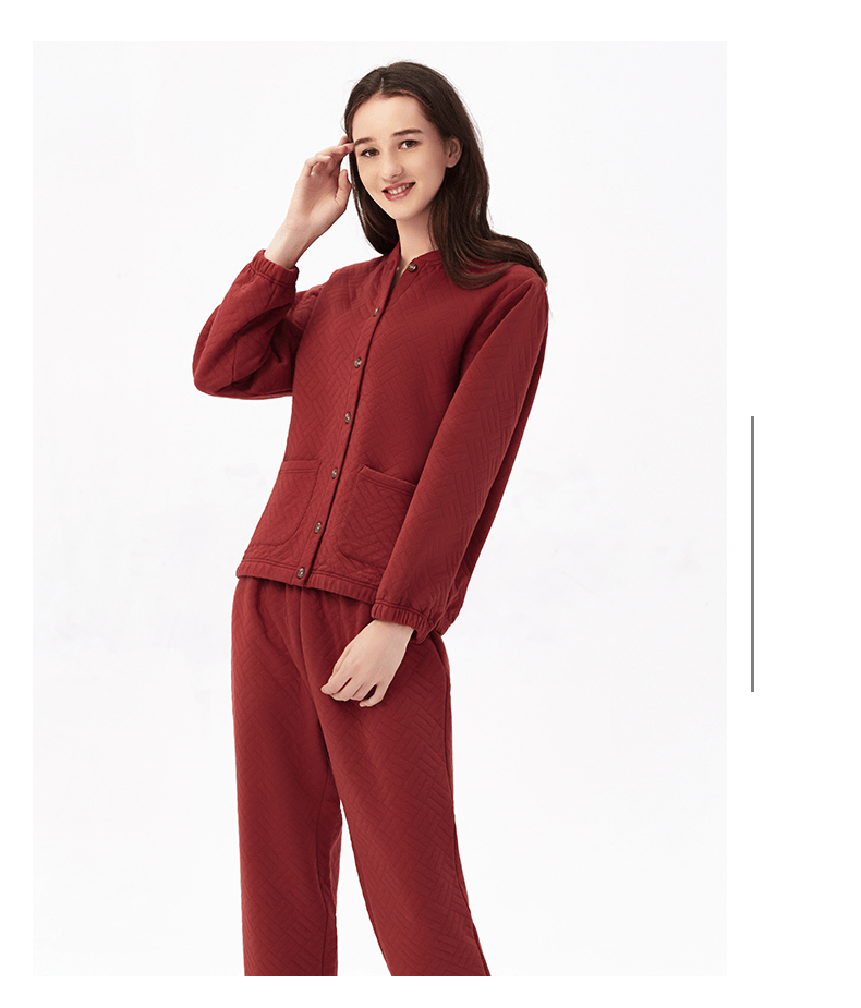铜牛家居秋冬斜格提花暖棉开襟女套睡衣家居服套装vj078 深火焰【实物