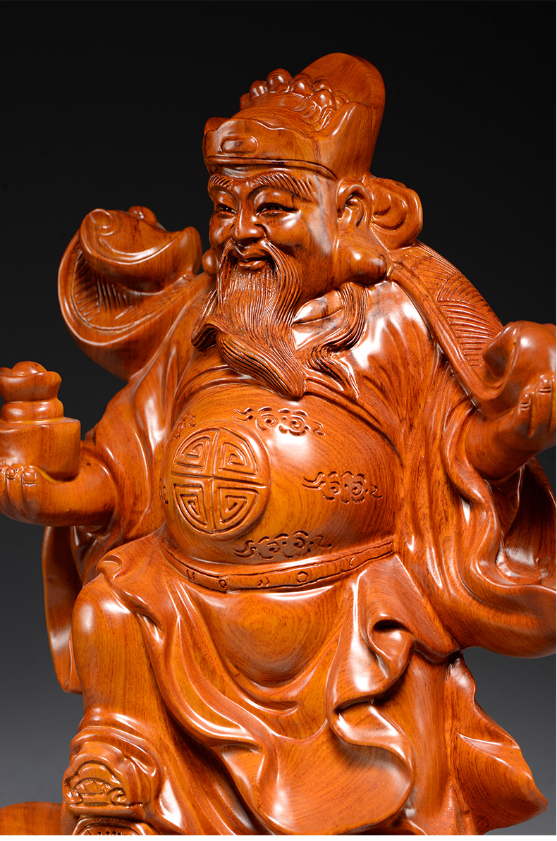 杞瑾花梨木雕刻财神爷摆件如意文财神工艺品家居店铺装饰乔迁开业礼品
