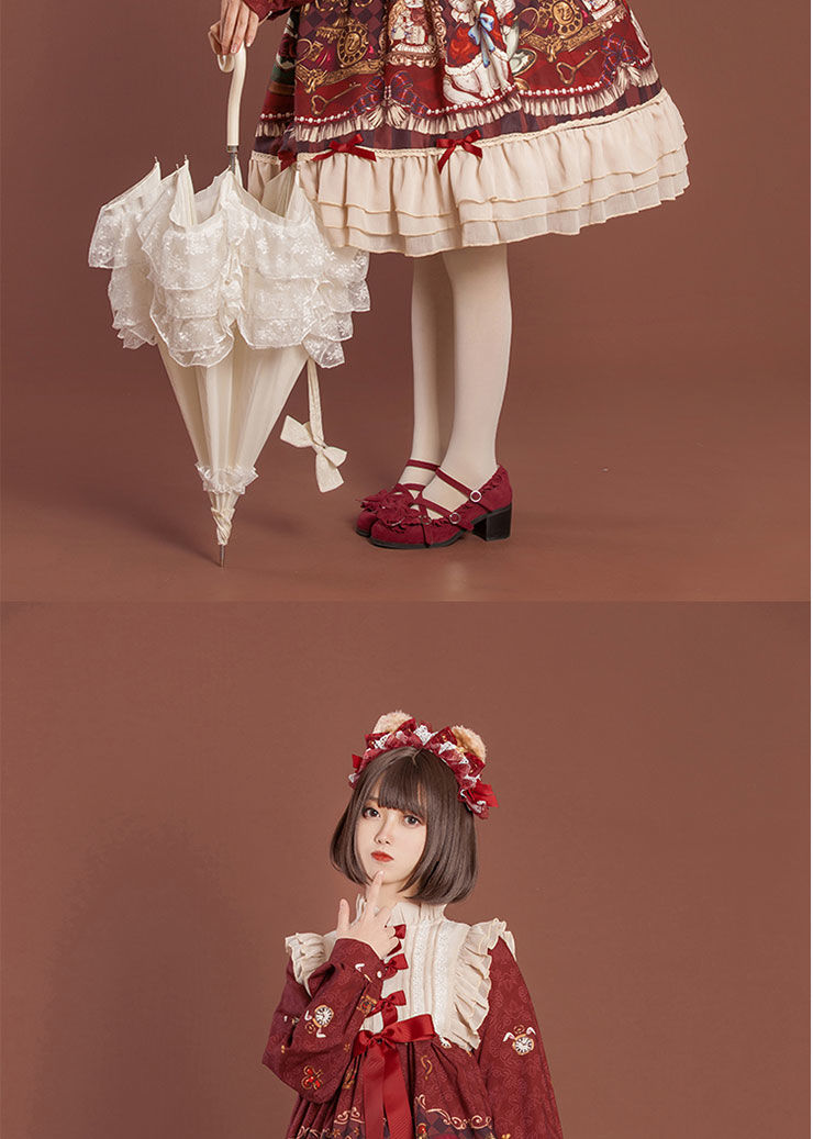 洛丽塔裙子日系ita洋装裙~皇冠熊op长袖连衣裙 酒红色 s