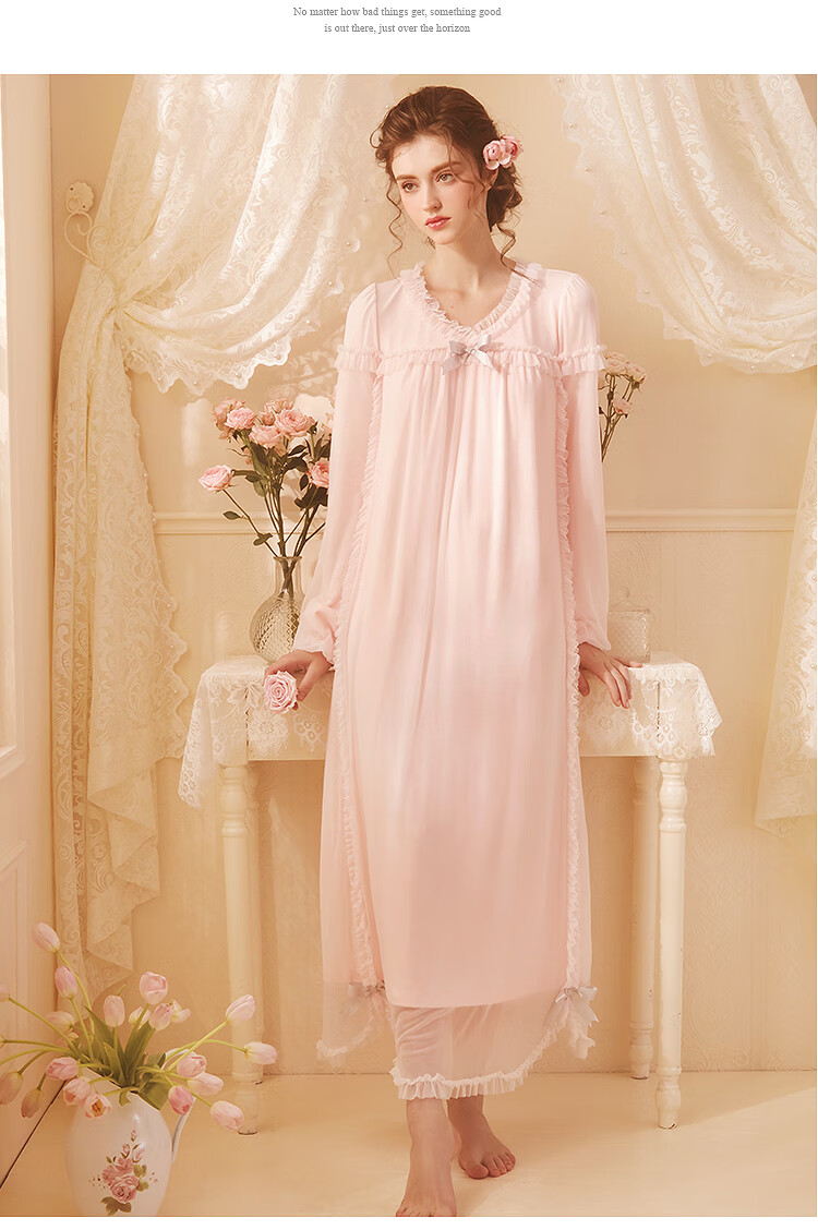 rosrtree宫廷风睡裙女长款春秋长袖可爱甜美网纱白色公主仙女睡衣 柔