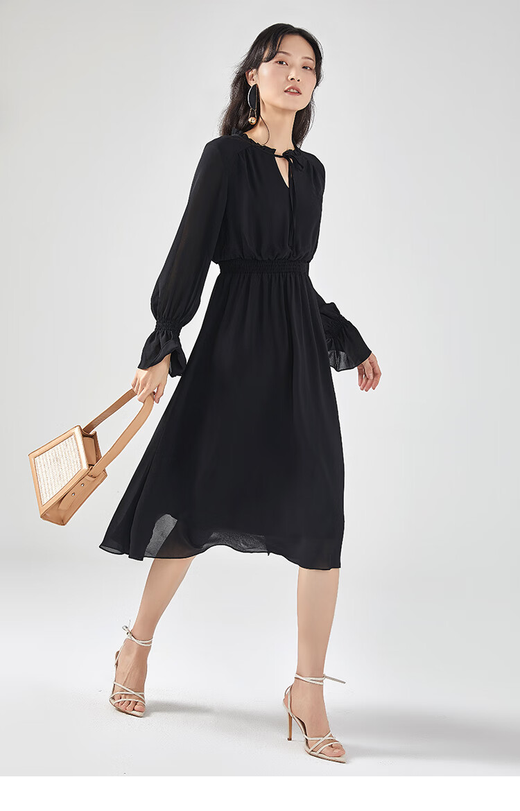 艾莱依2020年春夏新款收腰连衣裙荷叶袖雪纺长袖长裙6019aa28046 炭黑