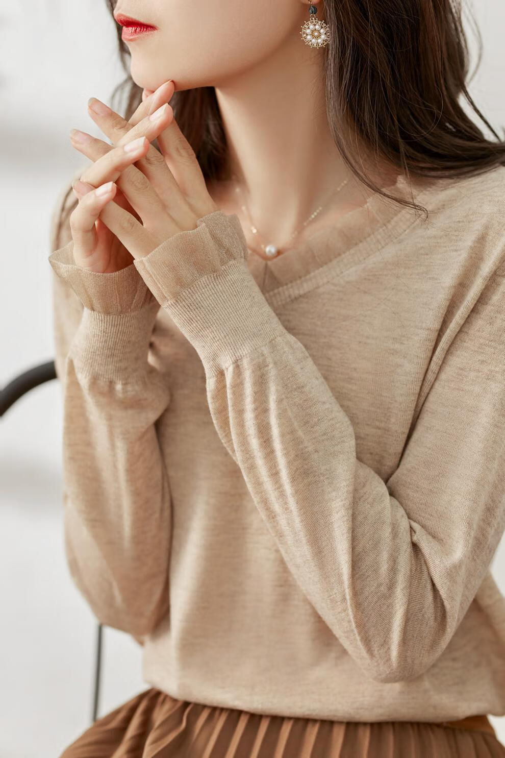 子牧棉麻春装 女韩版木耳边网纱拼接毛衣宽松轻柔触感针织衫上衣5628