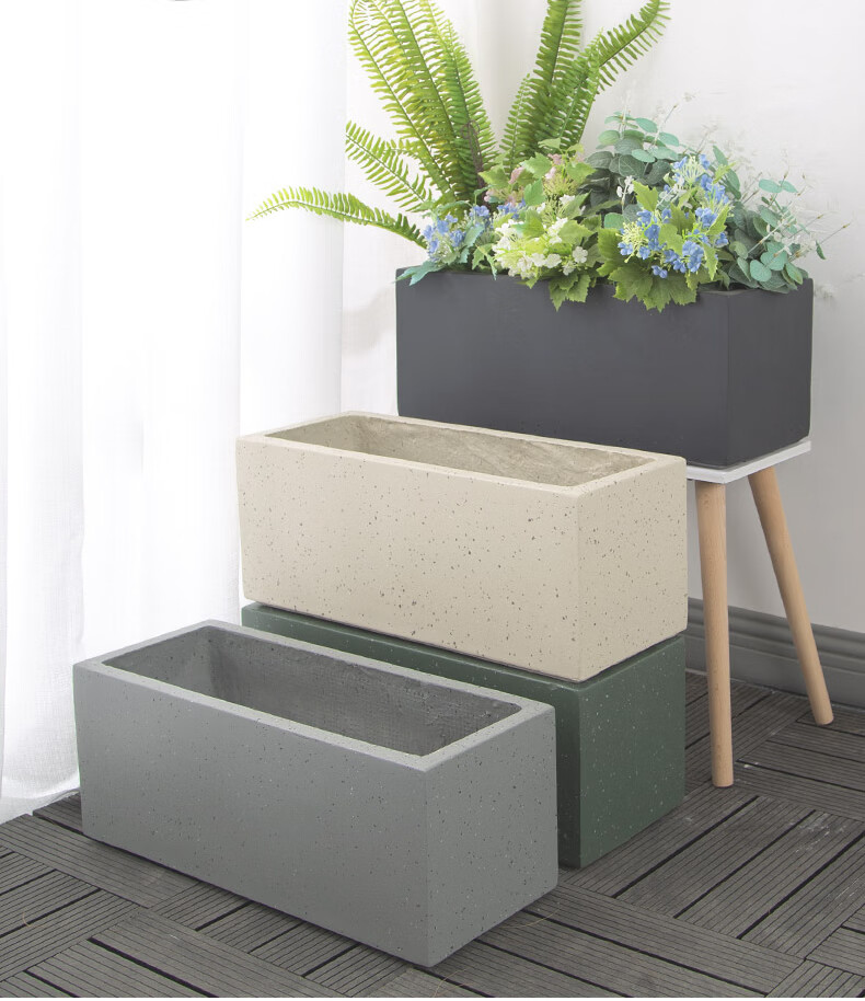 长方形水泥花盆长条型花槽花箱大号简约花坛绿植盆景仿花岗岩多点米色