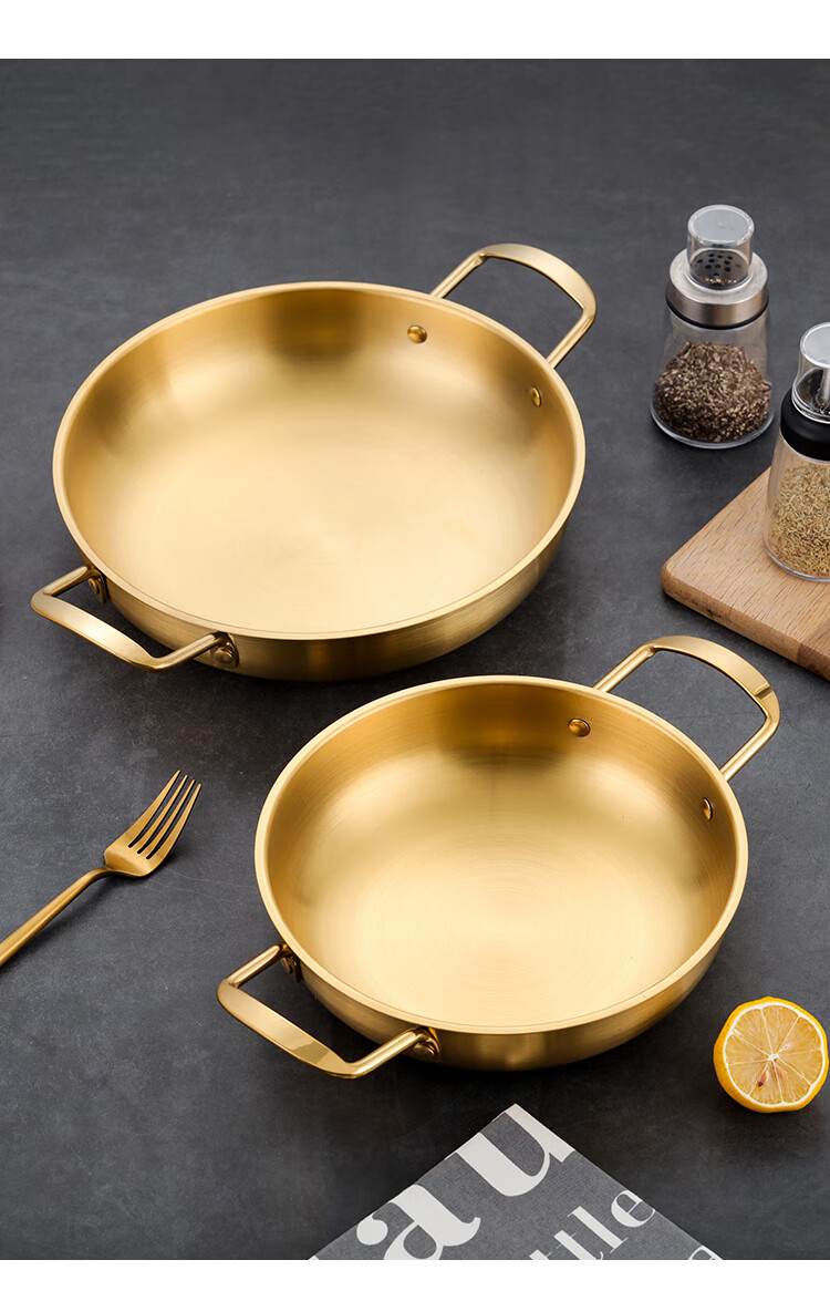 uosu不锈钢海鲜锅金色拉面锅小龙虾干锅盆平底泡面锅小火锅304韩式扁