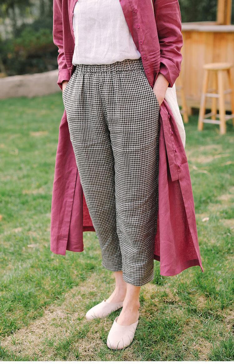 2022新款棉麻宽松薄款休闲裤女夏亚麻直筒显瘦格子束脚裤黑白格s