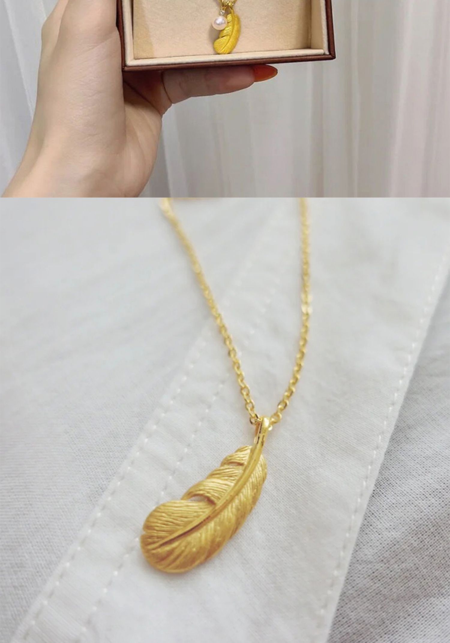 老凤祥老凤凰镀黄金羽毛吊坠珍珠999小金珠项链女编织黑绳锁骨链3d硬