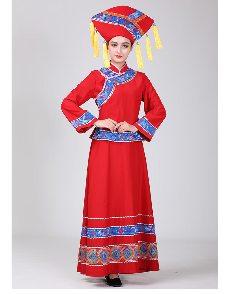 壮族服装布依族瑶族女传统服饰a字长裙壮锦民族风花边表演民族服黑色