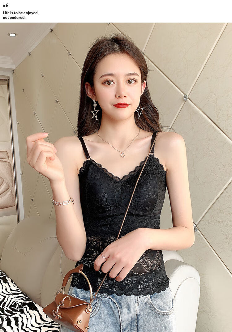 女士吊带打底背心可调节秋吊带背心女长款蕾丝性感打底30702件白色2