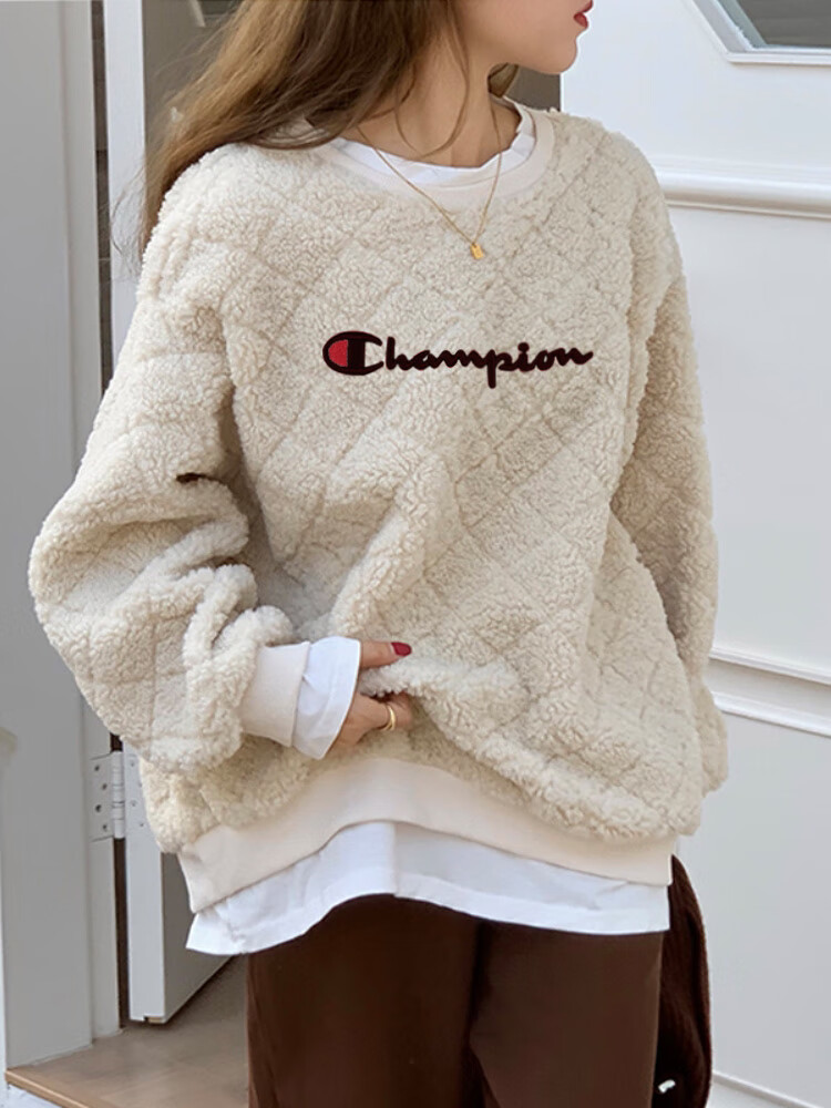 日版champion羊羔绒卫衣女外套冬季新款套头宽松圆领加厚上衣 白色 m