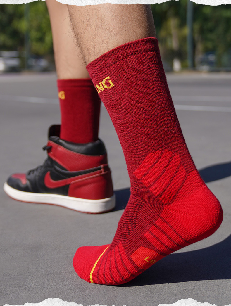 实战高帮篮球袜加厚毛巾底运动袜男中长筒训练袜新年红袜子透气不闷脚