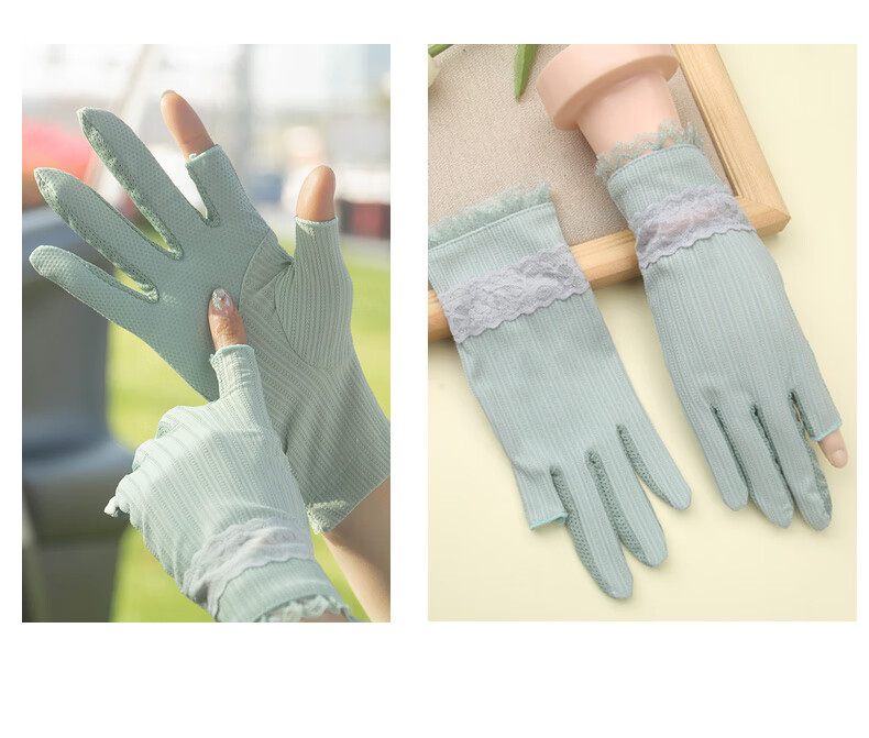 维能露二指冰丝防晒手套女薄款蕾丝夏天开车防滑半指手袜露二指细条纹