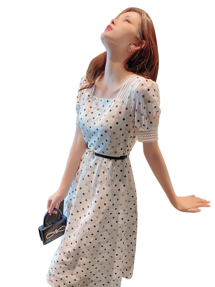 波点连衣裙女夏薄款2022夏季新款法式长裙收腰气质感白色裙子连衣裙s