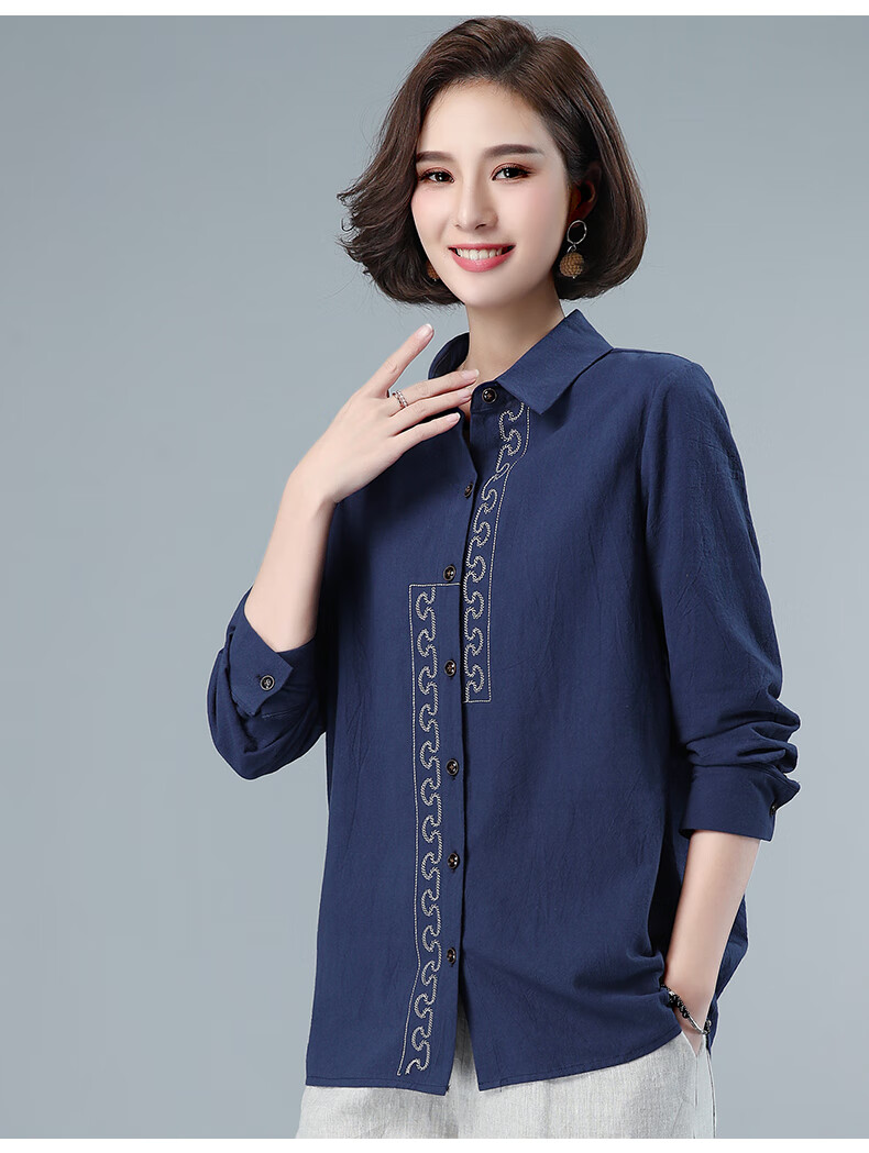 纯棉衬衫女长袖2020秋装新款40岁中老年妈妈时尚洋气直筒型全棉衬衣