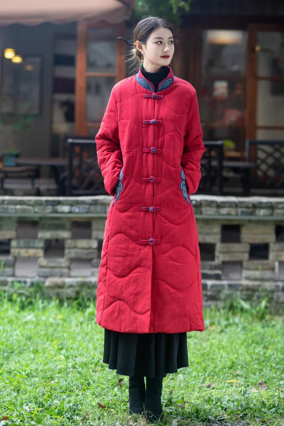 秋冬天外穿的复古棉衣女长款中式盘扣唐装民族风外套大衣袄子棉袄装