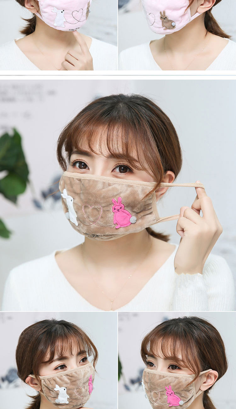 怡央新品女士口罩秋冬款加厚寒保暖女水晶绒绣花尘透气可水洗毛绒小兔