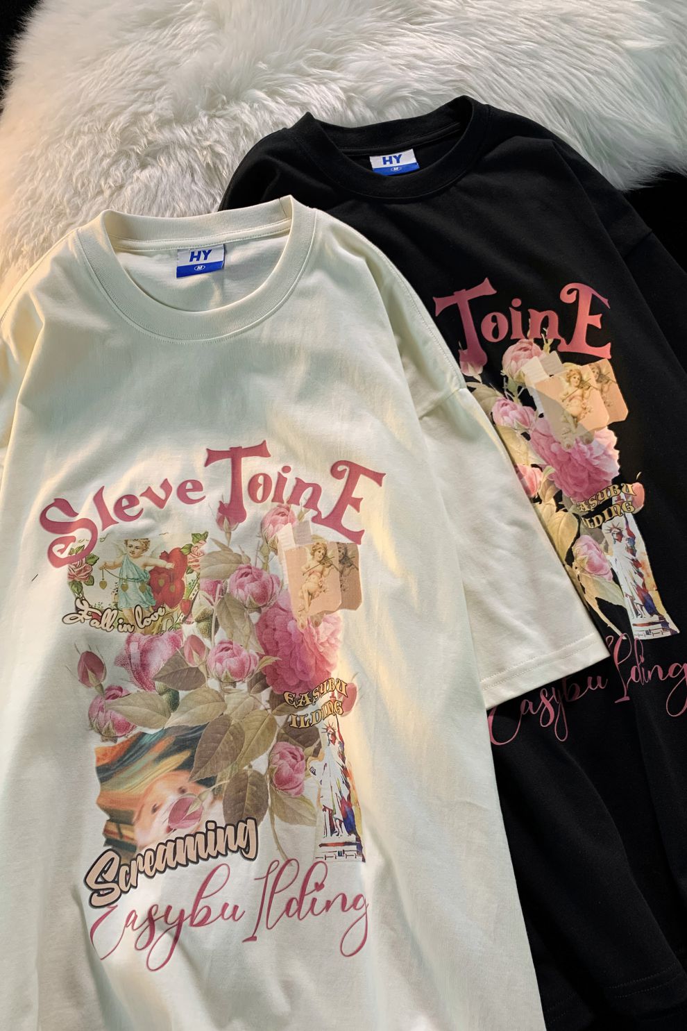 feel lonely 复古中长款玫瑰印花高街宽松t恤短袖情侣2022夏 白色 l