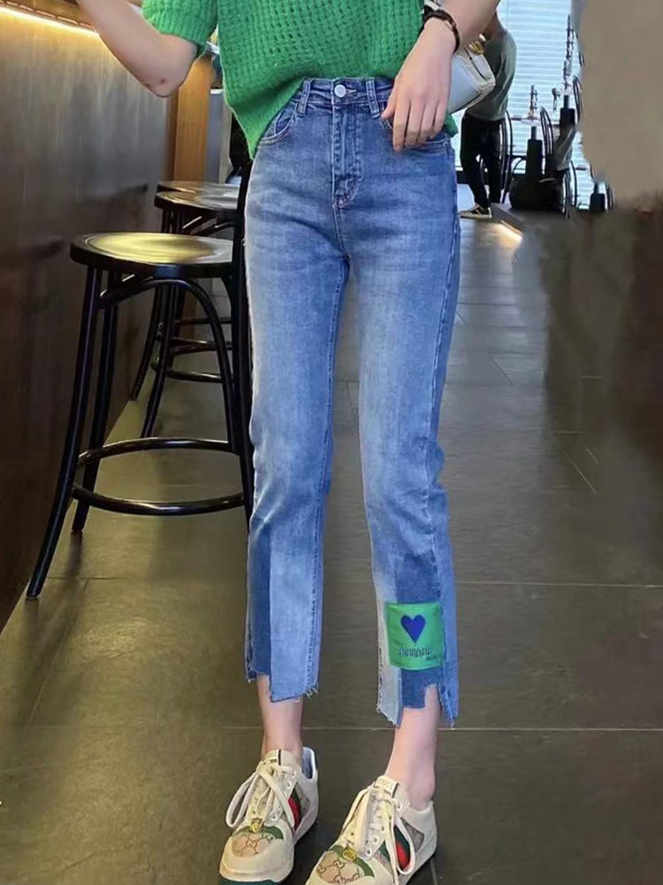 牛仔裤女春夏女装2022新款七分高腰直筒胖妹梨形身材裤子女显瘦蓝色八