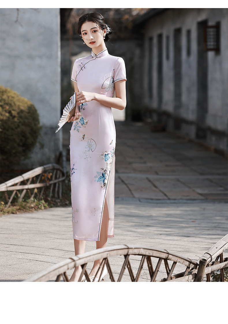 真丝旗袍高端长款少女款2022新款仿杭州夏季复古走秀演出中国风气质