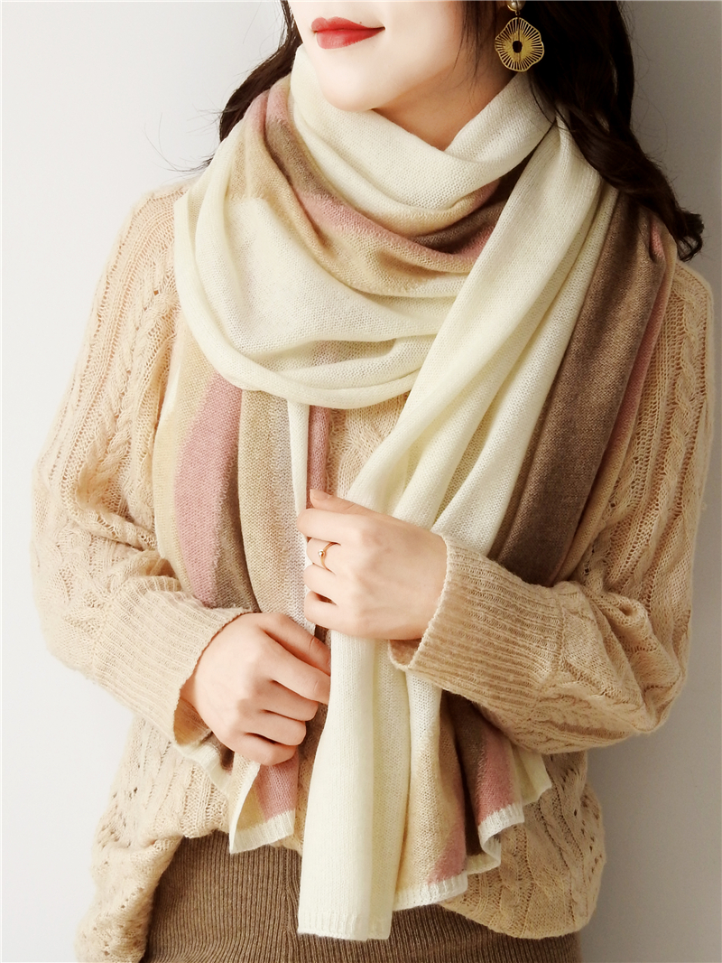 donlojoe拼色针织围巾女士2020秋季新款韩版时尚加厚款纯山羊绒条纹