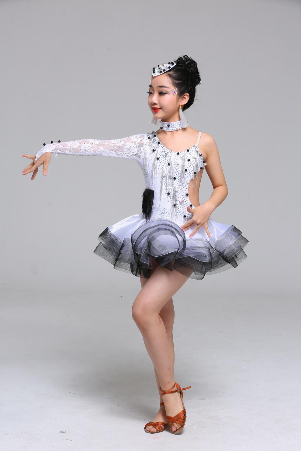 新款儿童拉丁舞服演出服少儿女童拉丁舞裙表演服单肩烫钻纱裙 处理