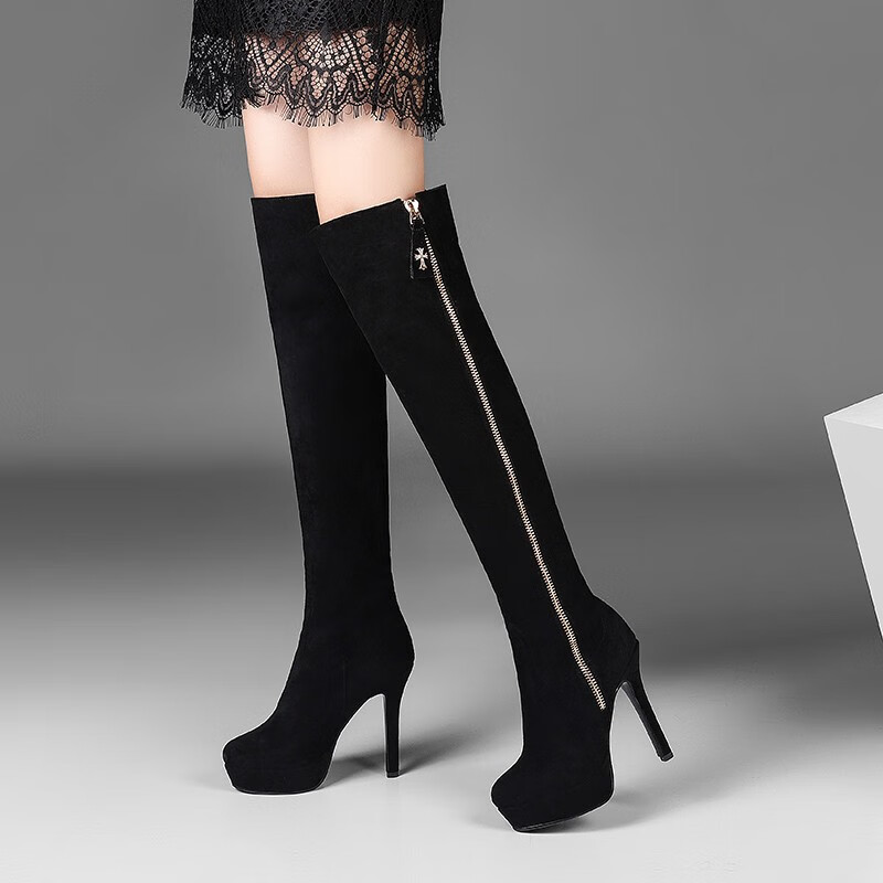 他她千金品牌超高跟过膝靴女骑士细跟长靴女欧美风长筒靴女高筒女靴