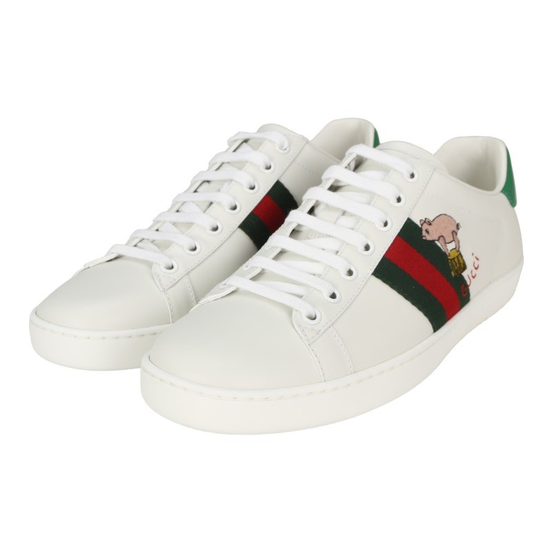 gucci 古驰/女士ace系列小白鞋小猫咪小猪刺绣皮革运动鞋 白色/绿尾