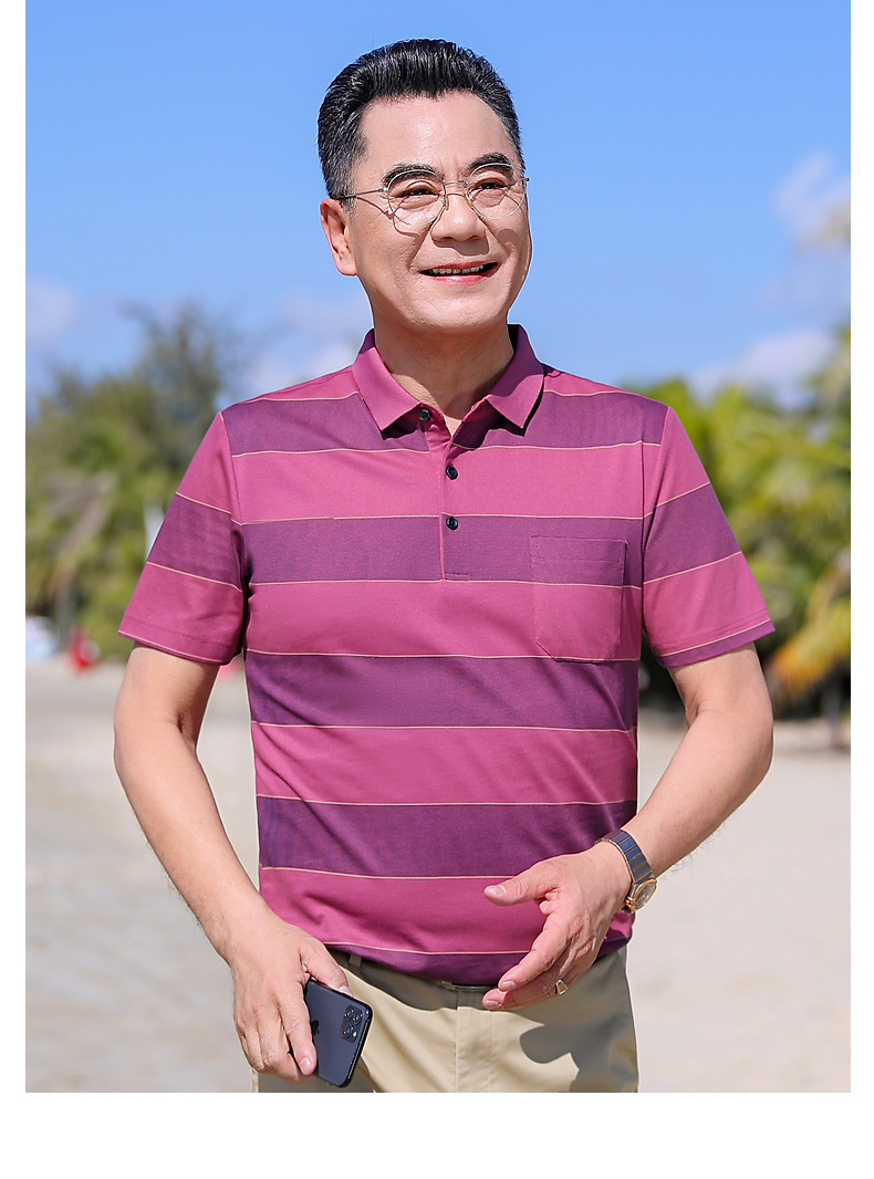 夏季短袖t恤男爸爸装条纹体恤衫上衣中年男士休闲翻领polo汗衫中老年