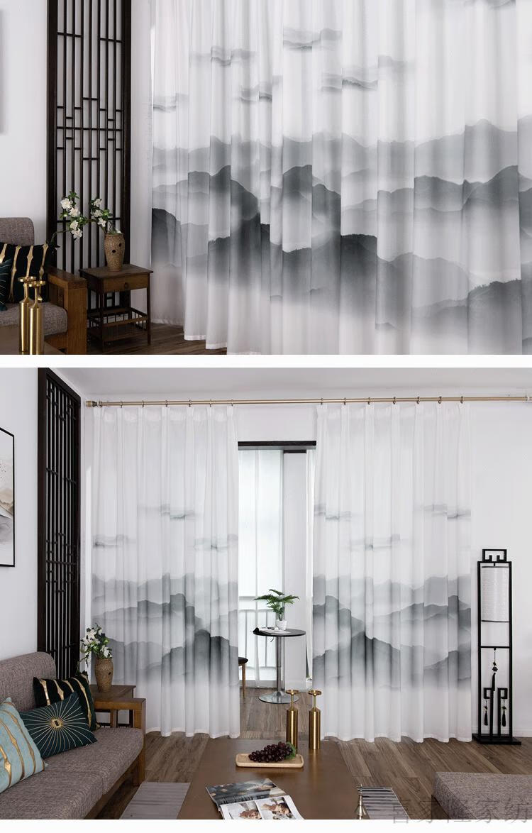 新中式水墨山水国画中国风窗帘画遮光窗纱客厅卧室飘窗阳台纱帘成品南