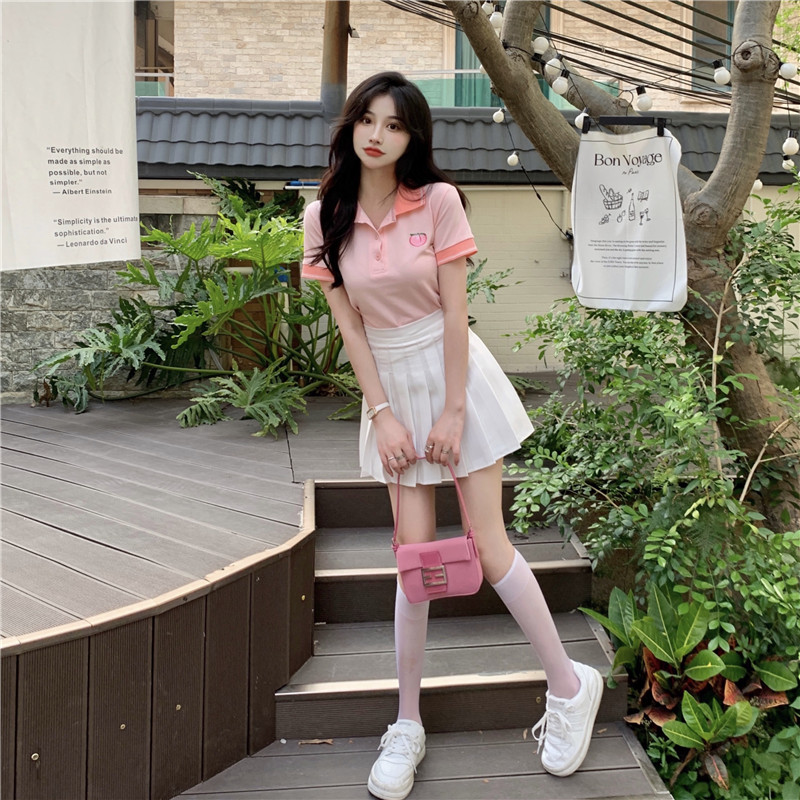 jk制服女夏季洋气套装学院风韩版polo领短袖t恤百褶半身裙两白色裙s