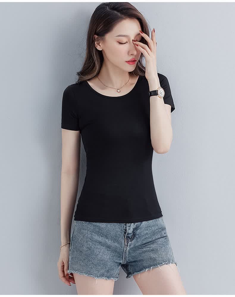 莫代尔短袖t恤女修身圆领黑色体恤ins夏季新款女士贴身上衣打底衫白色