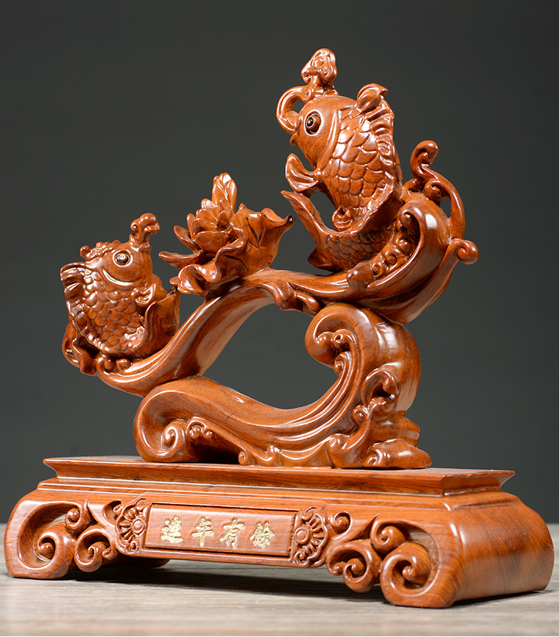 华禧顿 花梨木雕连年有余雕刻年年有余装饰实木红木摆件新店玄关公司