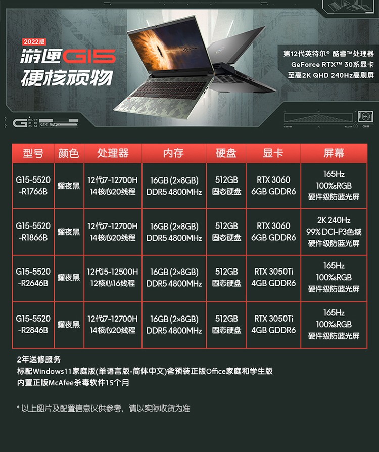 戴尔dell新款游匣g155520156英寸12代酷睿学生电竞游戏本设计笔记本