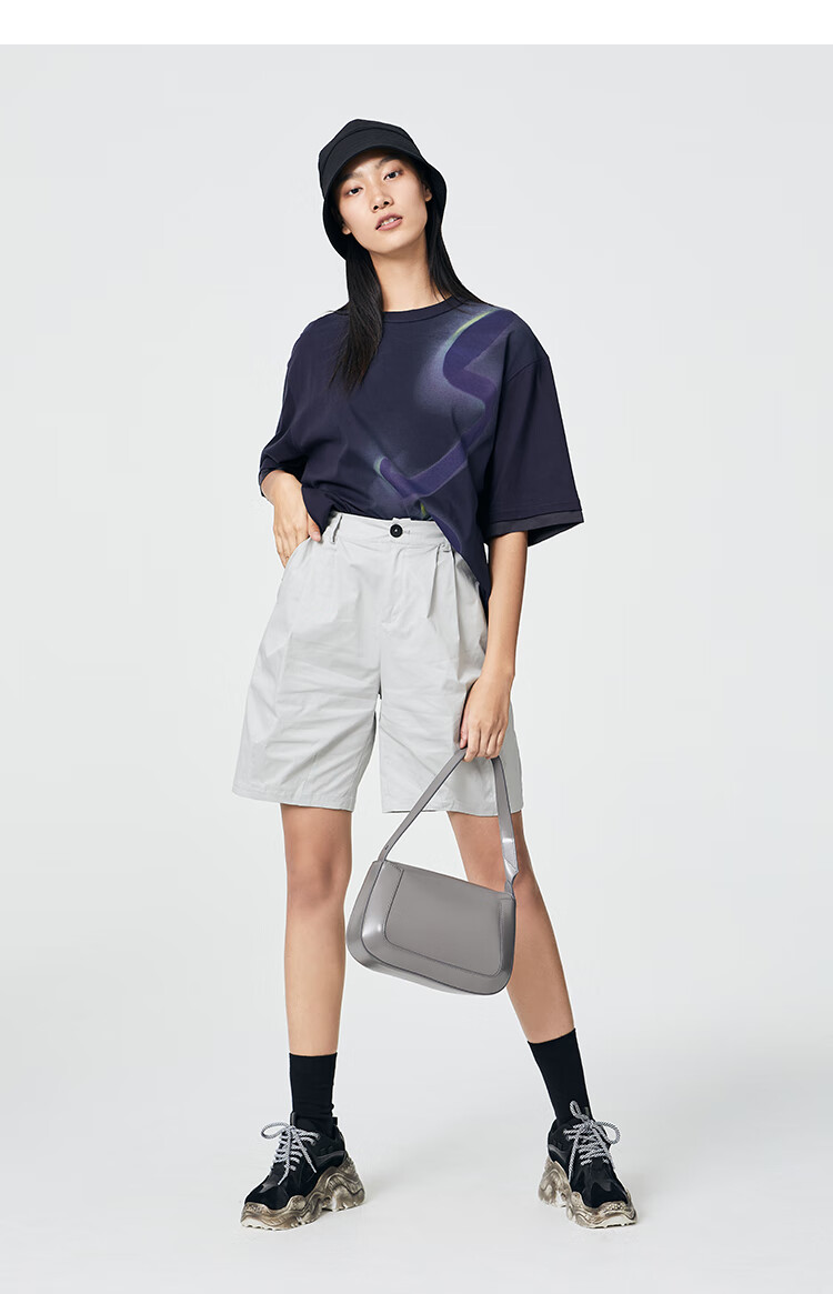 艾莱依夏运动休闲圆领印花短袖t恤后背拼接宽松速干上衣石墨蓝155