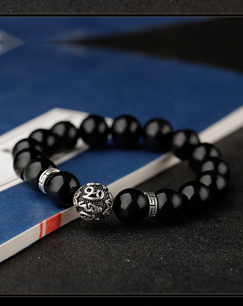 龙隐 黑曜石手串男女士款手链12mm单圈六字箴言银 本命年送男女友老婆