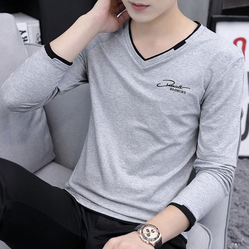 甄选秋季长袖t恤男新款秋季纯棉v字领韩版休闲打底衫潮流外穿男士长袖