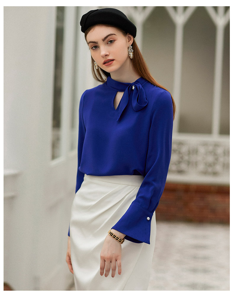 艾尚臣职业衬衫女长袖修身商务通勤工作服轻熟正装宝蓝色上衣v领衬衫s