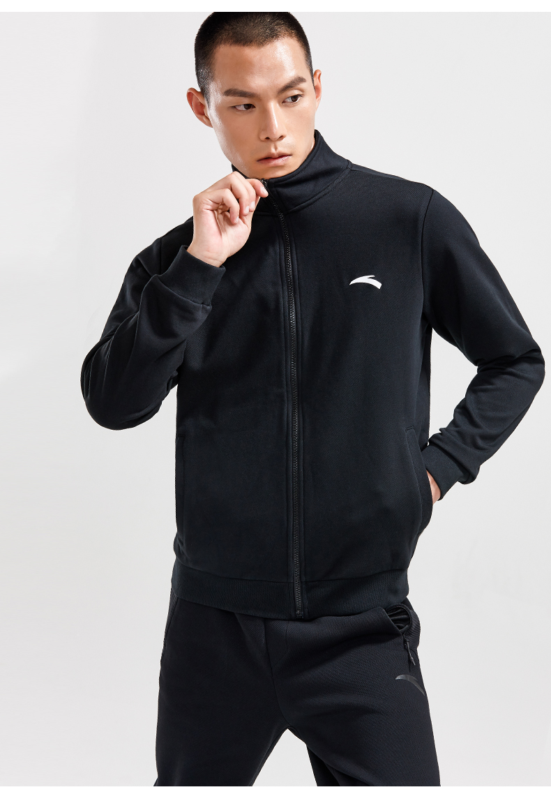 安踏春季加绒运动外套男士立领开衫茄克休闲修身长袖常规款泥绿色4