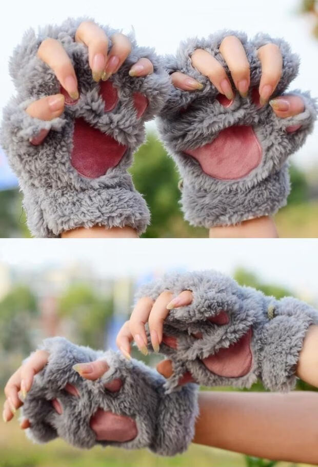 新品熊爪手套露指冬天熊爪手套男爪子冬可爱韩版卡通女孩猫爪猫咪漏指