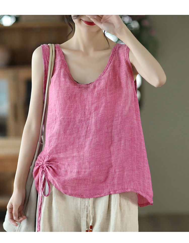 吊带背心打底薄款仿棉麻新款复古小背心宽松领抽绳无袖上衣气质外穿内