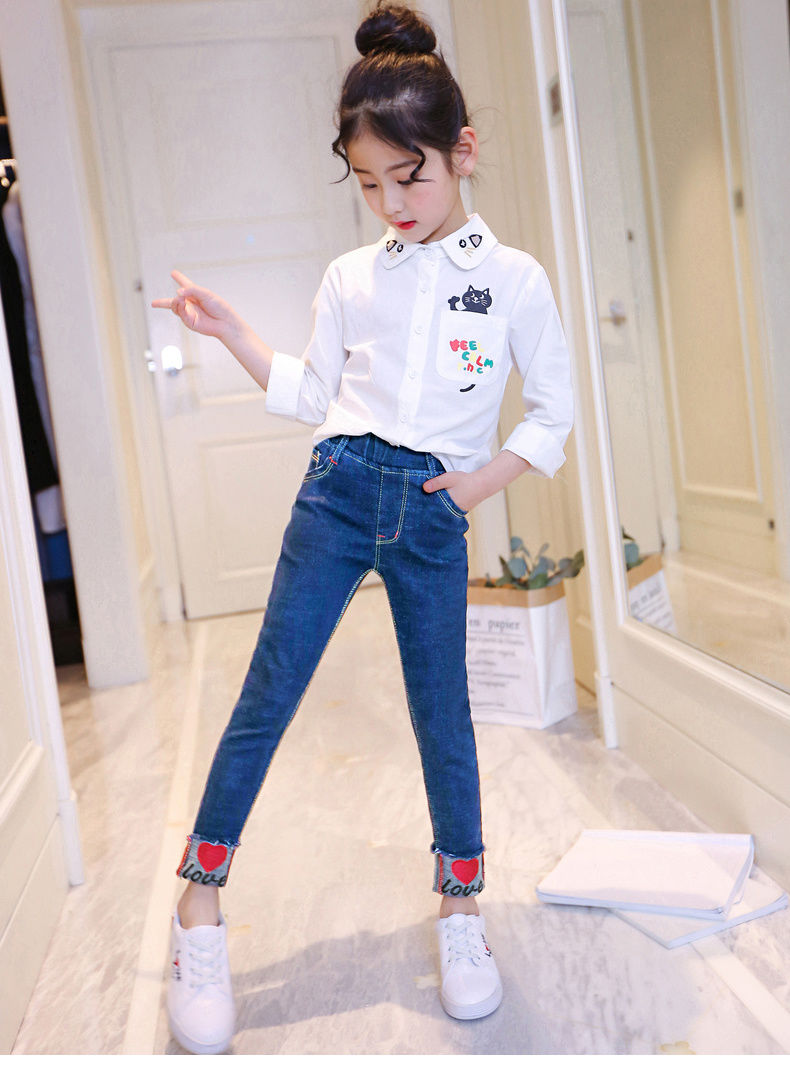 0春秋款高弹女童牛仔裤小女孩中大童时尚百搭裤子w款蓝130