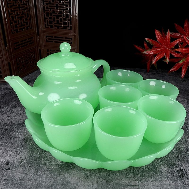 礼佳品玉石酒杯茶杯茶壶茶盘套装高端养生泡茶功夫茶具碧绿1壶6杯