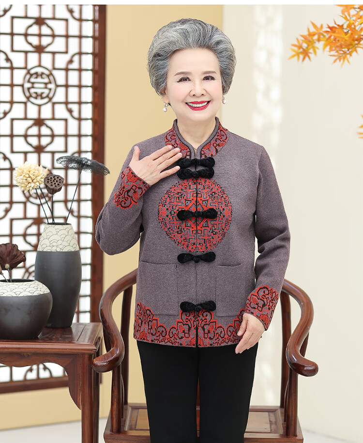 过寿老年人妈妈款秋装唐装外套-70-装毛衣 红色 xl建议80-100斤【图片