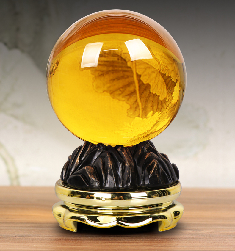 天御阁 黄水晶球摆件黄色透明玻璃圆球招财球工艺品家居客厅玄关办公
