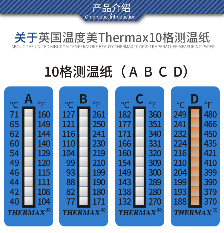 英国thermax测温纸热敏温度试纸高温变色不可逆5格8格10格贴5格b型497