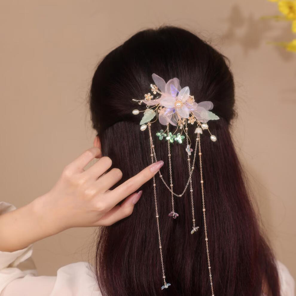 铂思亚高端发饰 铂合金亚克力花朵珍珠发饰鸭嘴夹【春闺梦】薄纱衬玉