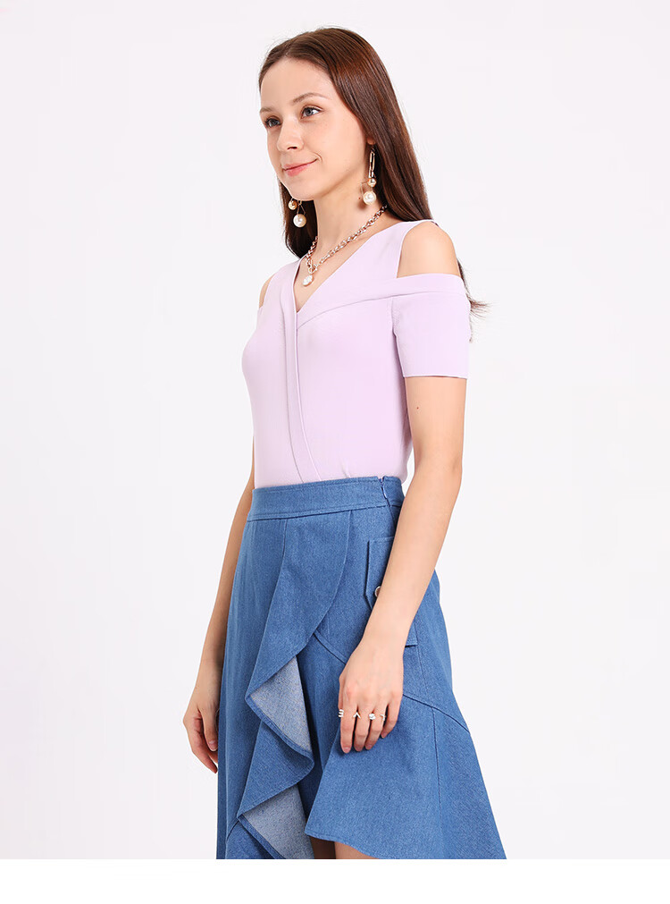 butter针织衫夏季新款紫色v领修身上衣 露肩短袖修身针织衫t恤 烟熏