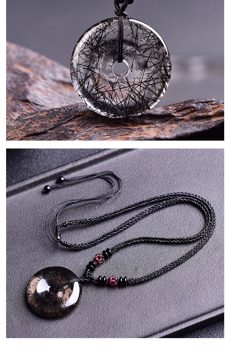 大号 天然黑发晶平安扣吊坠转运圈钛晶黑水晶项链无事牌男女挂件