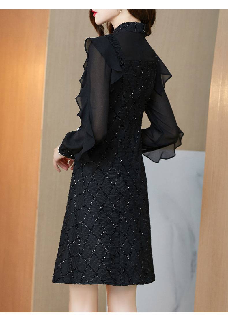 谛云轩秋季网纱长袖雪纺连衣裙打底黑色赫本风名媛气质 黑色【微信