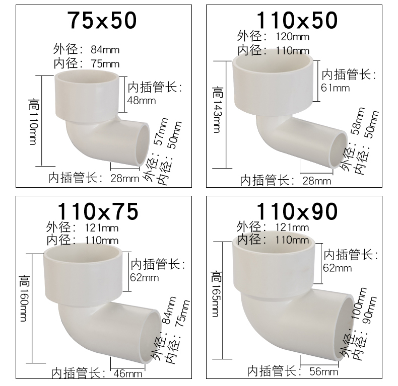 pvc排水变径弯头 异径弯头110变90 75 50 90度直角大小弯头管配件