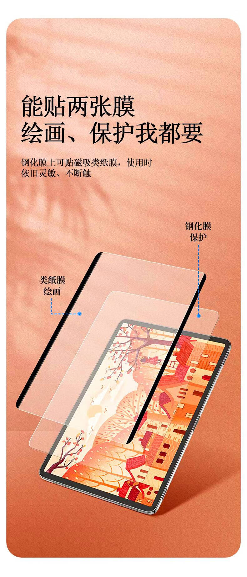 科霸玛类纸膜可拆 适用ipad磁吸类纸膜air5/4绘画ipadpro11英吋可拆卸